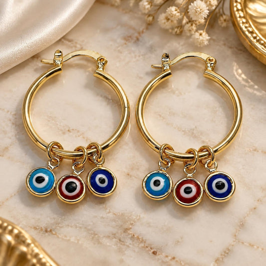 Oro Laminado Small Hoop, Gold Filled Style Evil Eye Design, Multicolor Resin Finish, Golden Finish