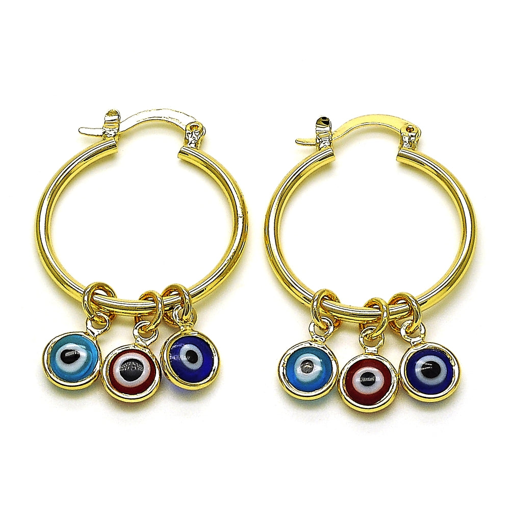 Oro Laminado Small Hoop, Gold Filled Style Evil Eye Design, Multicolor Resin Finish, Golden Finish