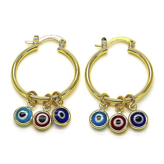 Oro Laminado Small Hoop, Gold Filled Style Evil Eye Design, Multicolor Resin Finish, Golden Finish