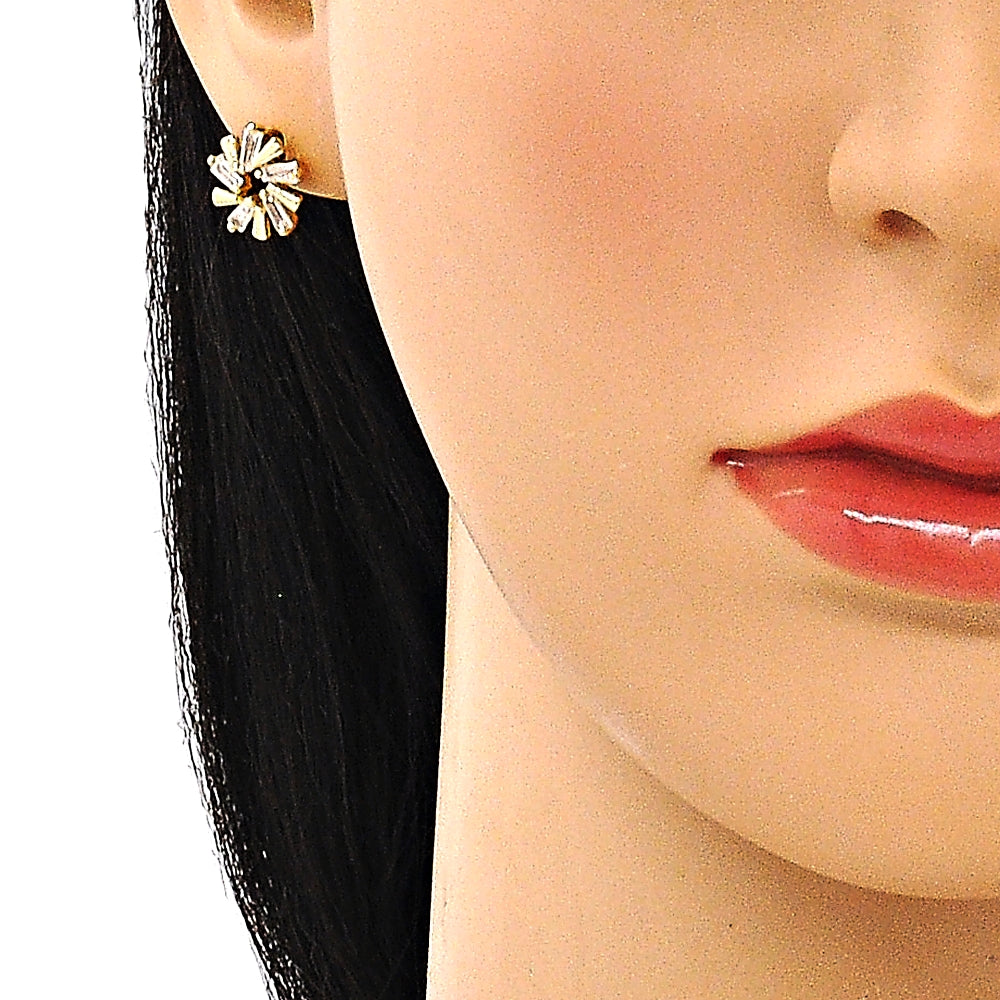 Oro Laminado Stud Earring, Gold Filled Style Baguette Design, with White Cubic Zirconia, Polished, Golden Finish