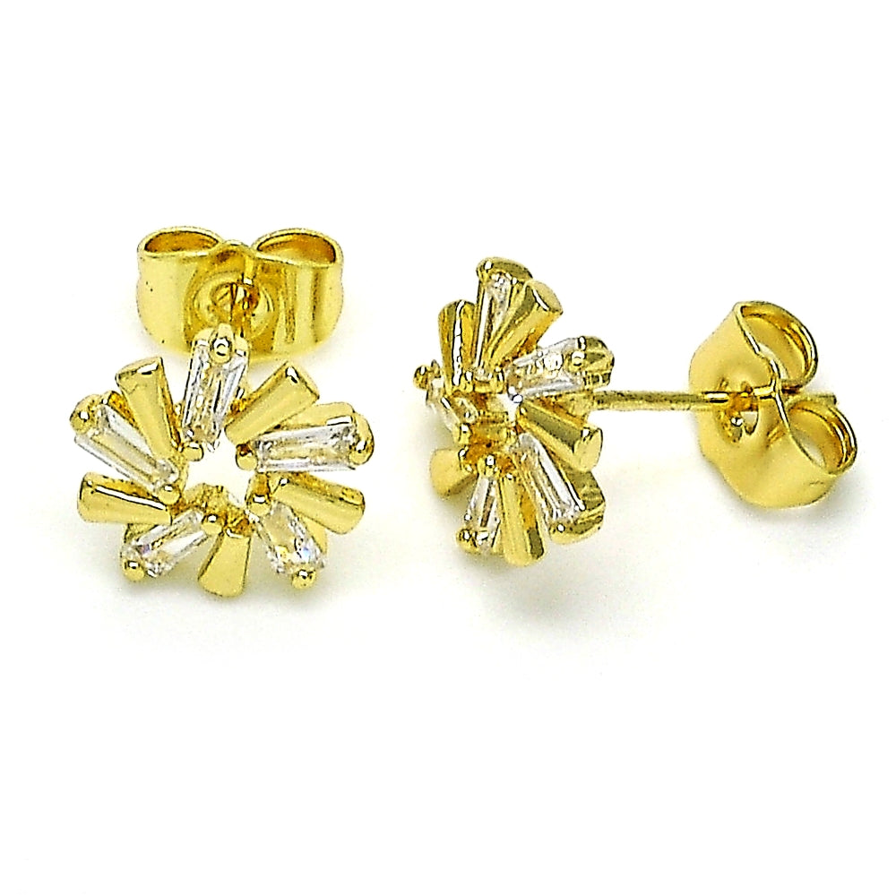 Oro Laminado Stud Earring, Gold Filled Style Baguette Design, with White Cubic Zirconia, Polished, Golden Finish