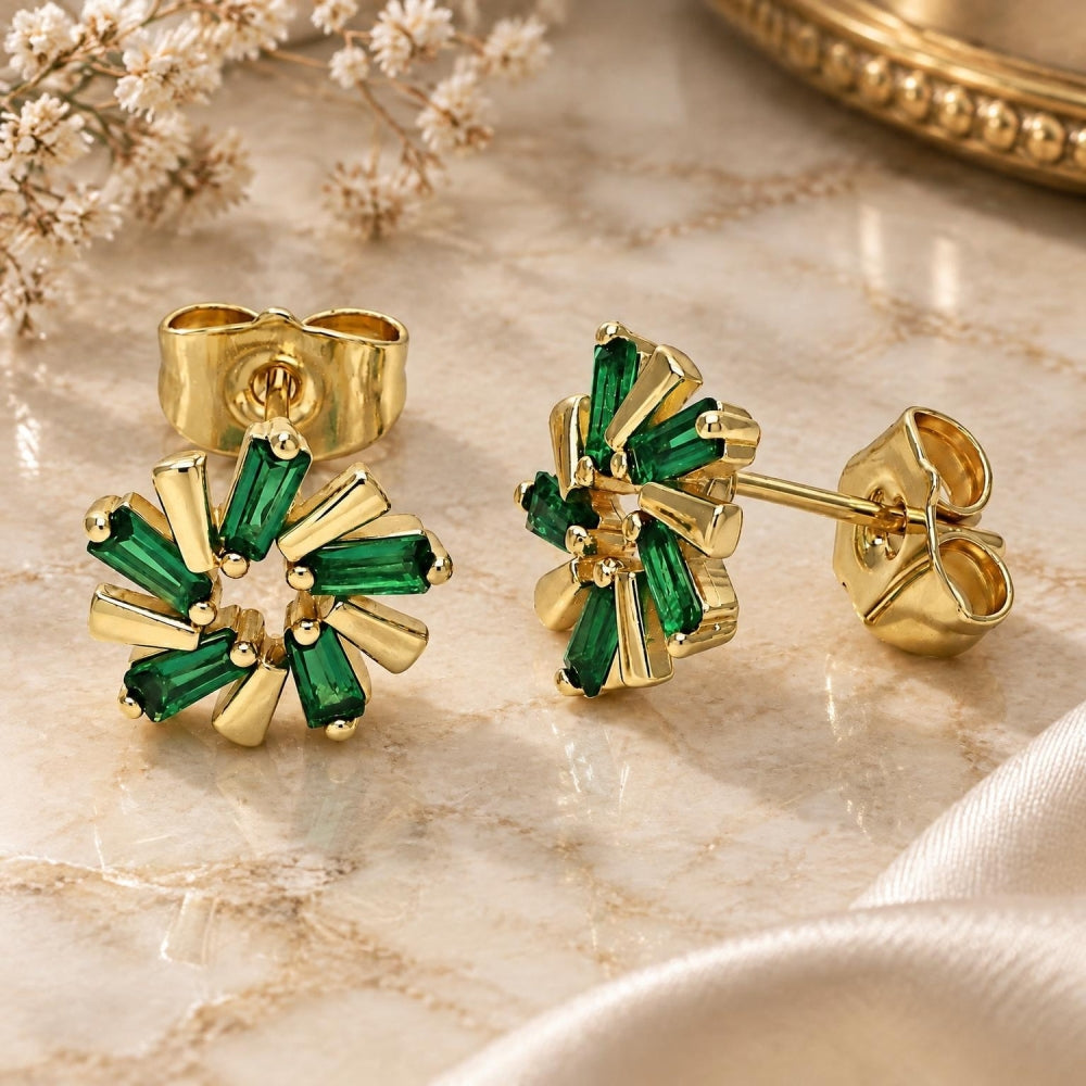 Oro Laminado Stud Earring, Gold Filled Style Baguette Design, with Green Cubic Zirconia, Polished, Golden Finish