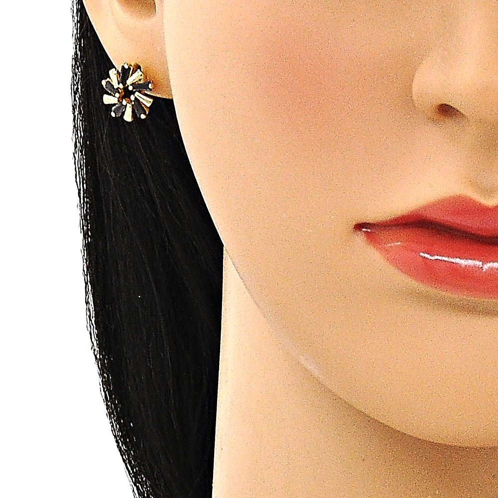Oro Laminado Stud Earring, Gold Filled Style Baguette Design, with Black Cubic Zirconia, Polished, Golden Finish