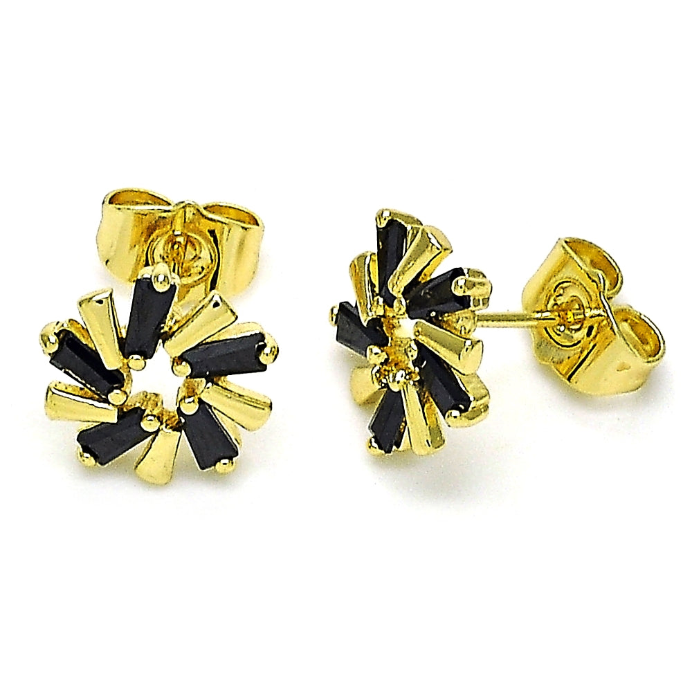Oro Laminado Stud Earring, Gold Filled Style Baguette Design, with Black Cubic Zirconia, Polished, Golden Finish
