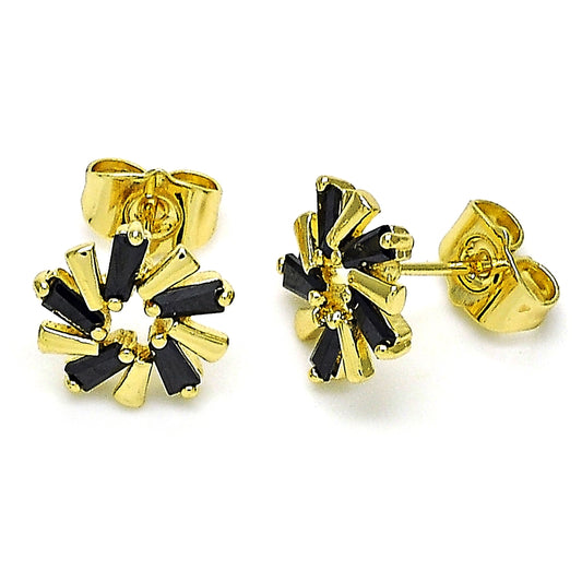 Oro Laminado Stud Earring, Gold Filled Style Baguette Design, with Black Cubic Zirconia, Polished, Golden Finish