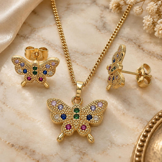 Oro Laminado Earring and Pendant Adult Set, Gold Filled Style Butterfly Design, with Multicolor Cubic Zirconia, Polished, Golden Finish