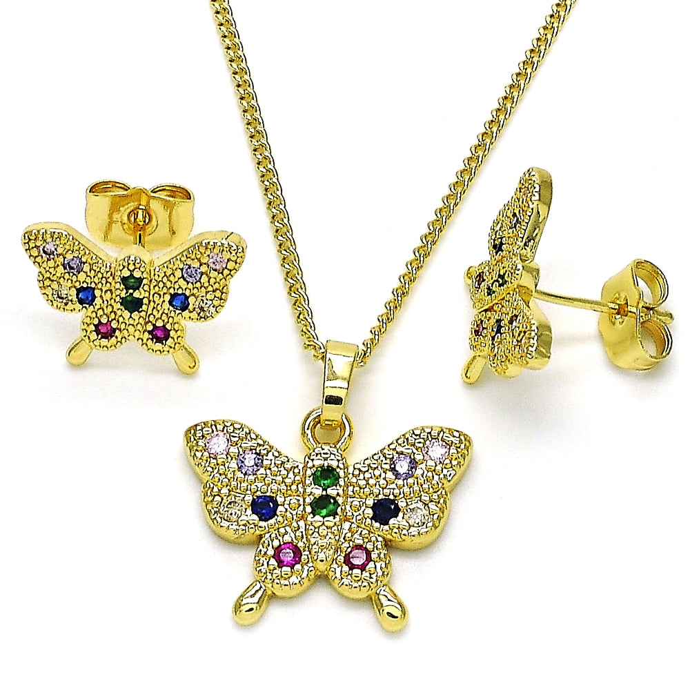 Oro Laminado Earring and Pendant Adult Set, Gold Filled Style Butterfly Design, with Multicolor Cubic Zirconia, Polished, Golden Finish