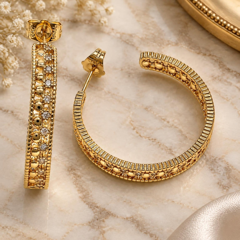 Oro Laminado Stud Earring, Gold Filled Style with White Micro Pave, Polished, Golden Finish