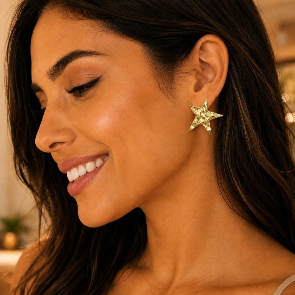 Oro Laminado Stud Earring, Gold Filled Style Star Design, Polished, Golden Finish