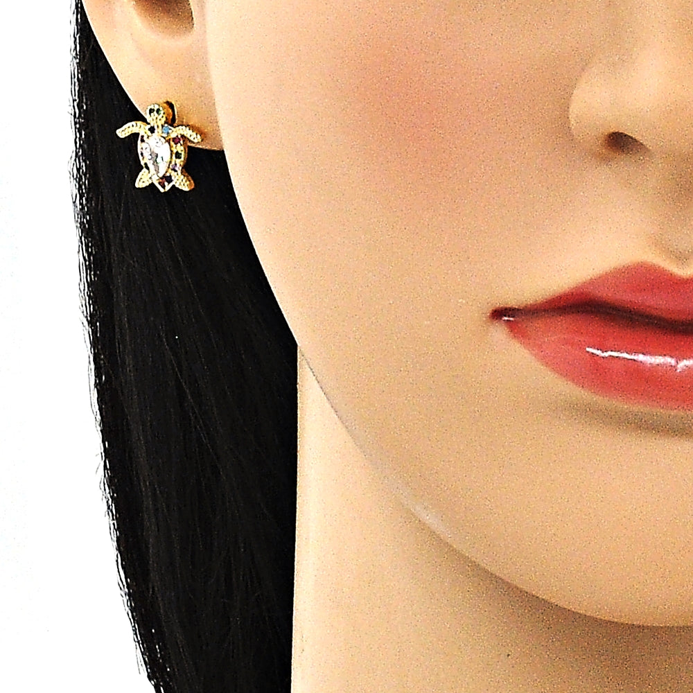 Oro Laminado Stud Earring, Gold Filled Style Turtle Design, with Multicolor Micro Pave and White Cubic Zirconia, Polished, Golden Finish