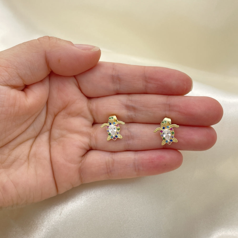 Oro Laminado Stud Earring, Gold Filled Style Turtle Design, with Multicolor Micro Pave and White Cubic Zirconia, Polished, Golden Finish