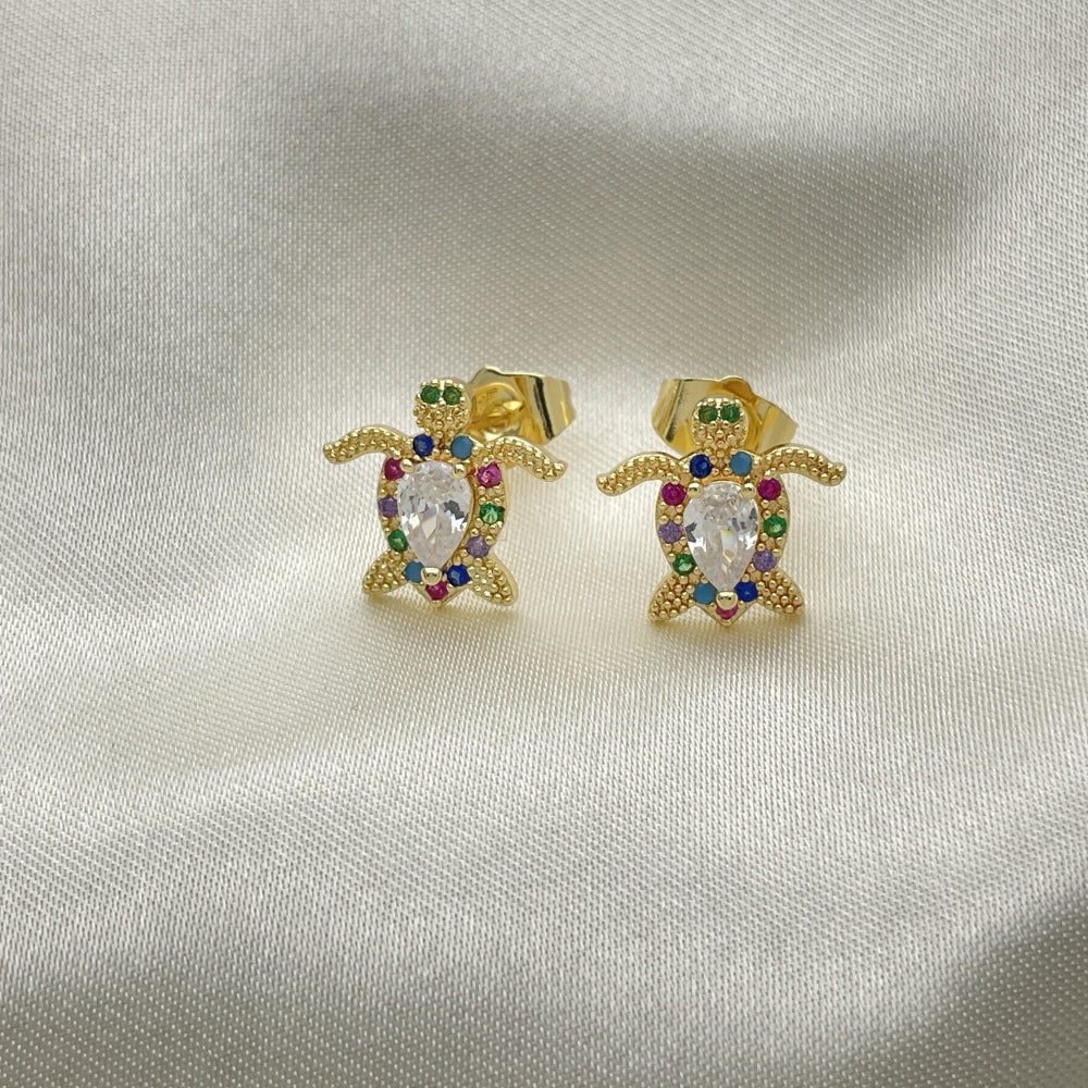 Oro Laminado Stud Earring, Gold Filled Style Turtle Design, with Multicolor Micro Pave and White Cubic Zirconia, Polished, Golden Finish
