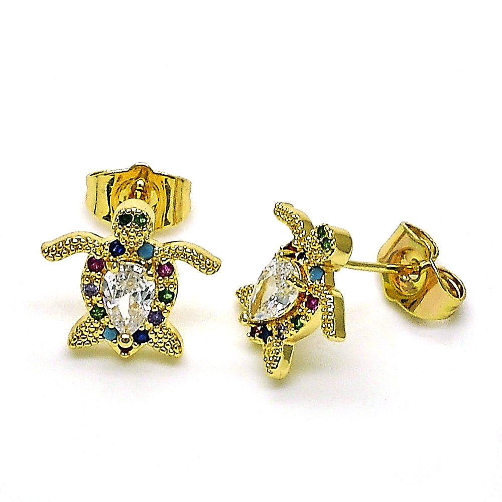 Oro Laminado Stud Earring, Gold Filled Style Turtle Design, with Multicolor Micro Pave and White Cubic Zirconia, Polished, Golden Finish