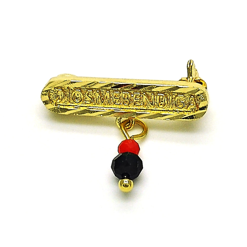 Oro Laminado Basic Brooche, Gold Filled Style Nameplate Design, with Black and Orange Red Crystal, Polished, Golden Finish