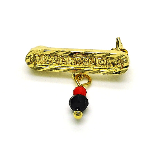 Oro Laminado Basic Brooche, Gold Filled Style Nameplate Design, with Black and Orange Red Crystal, Polished, Golden Finish