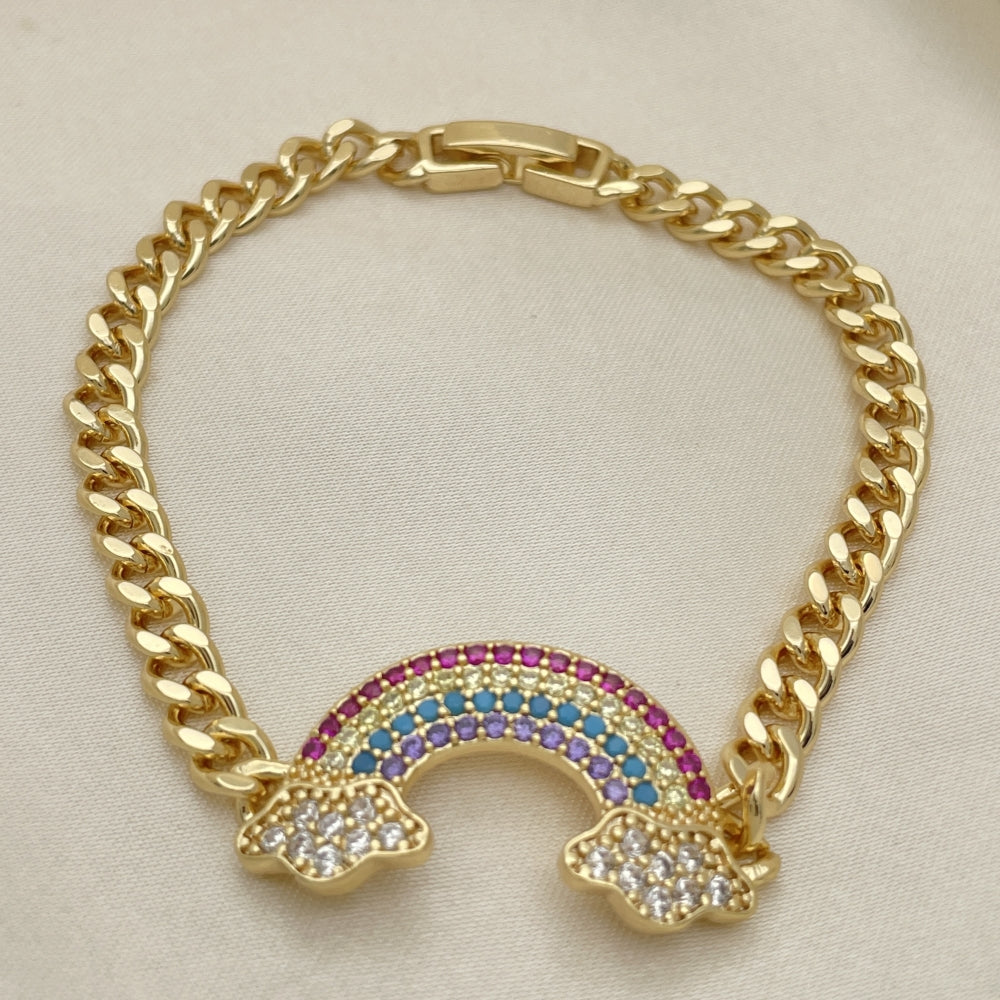 Oro Laminado Fancy Bracelet, Gold Filled Style Curb Design, with Multicolor Micro Pave, Polished, Golden Finish