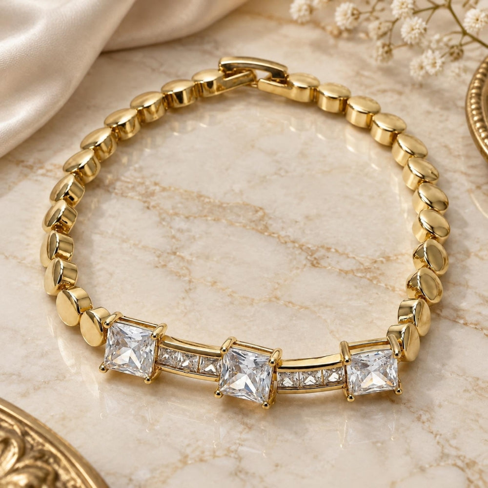 Oro Laminado Fancy Bracelet, Gold Filled Style with White Cubic Zirconia, Polished, Golden Finish
