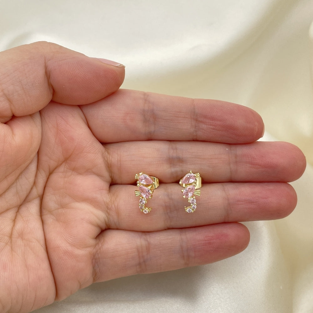Oro Laminado Stud Earring, Gold Filled Style Seahorse Design, with Pink Cubic Zirconia, Polished, Golden Finish