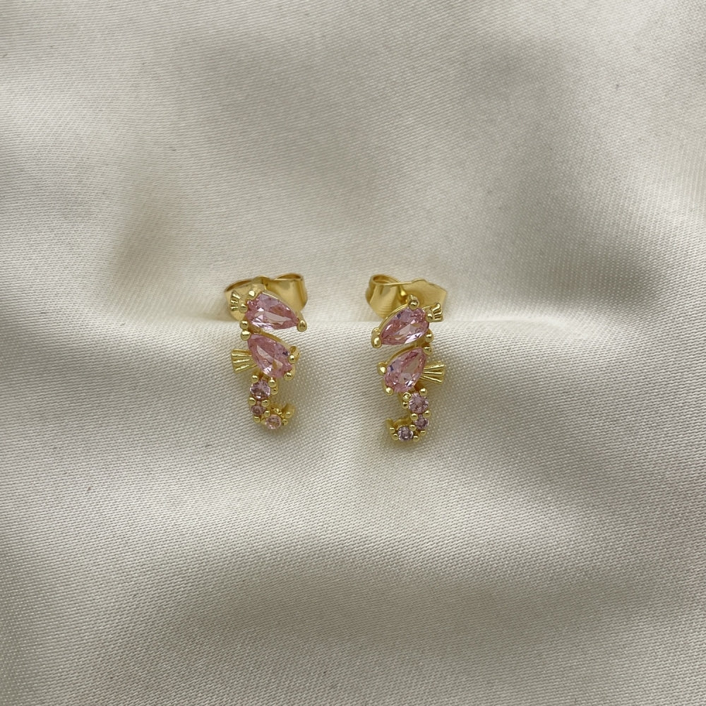 Oro Laminado Stud Earring, Gold Filled Style Seahorse Design, with Pink Cubic Zirconia, Polished, Golden Finish