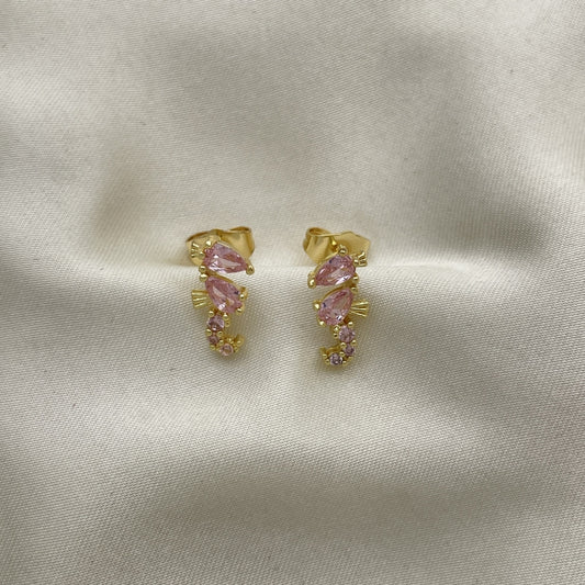 Oro Laminado Stud Earring, Gold Filled Style Seahorse Design, with Pink Cubic Zirconia, Polished, Golden Finish