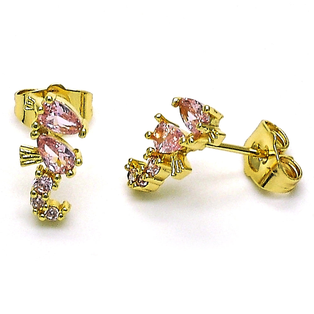 Oro Laminado Stud Earring, Gold Filled Style Seahorse Design, with Pink Cubic Zirconia, Polished, Golden Finish