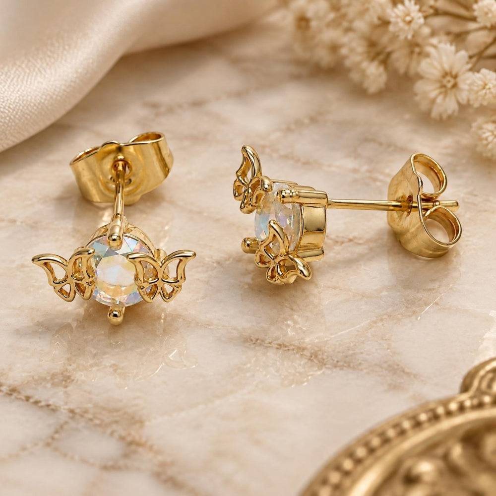 Oro Laminado Stud Earring, Gold Filled Style Butterfly Design, with Aurore Boreale Cubic Zirconia, Polished, Golden Finish