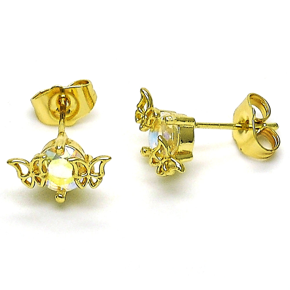 Oro Laminado Stud Earring, Gold Filled Style Butterfly Design, with Aurore Boreale Cubic Zirconia, Polished, Golden Finish