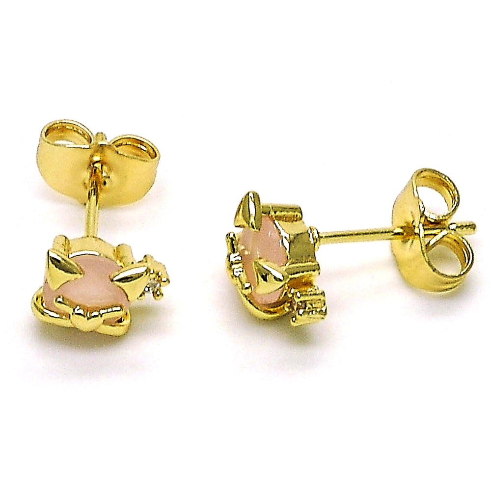 Oro Laminado Stud Earring, Gold Filled Style Teddy Bear and Heart Design, with Rose Water Opal Cubic Zirconia, Polished, Golden Finish