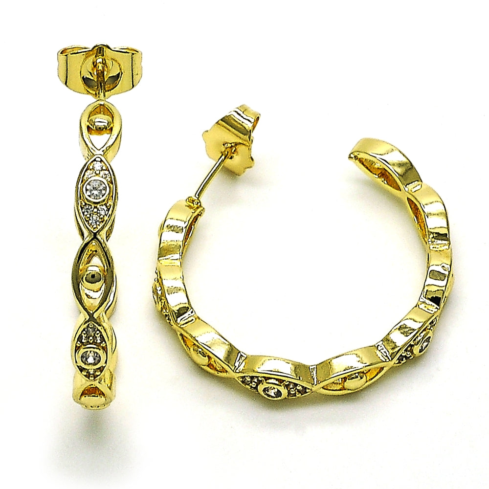 Oro Laminado Medium Hoop, Gold Filled Style Evil Eye Design, with White Micro Pave, Polished, Golden Finish