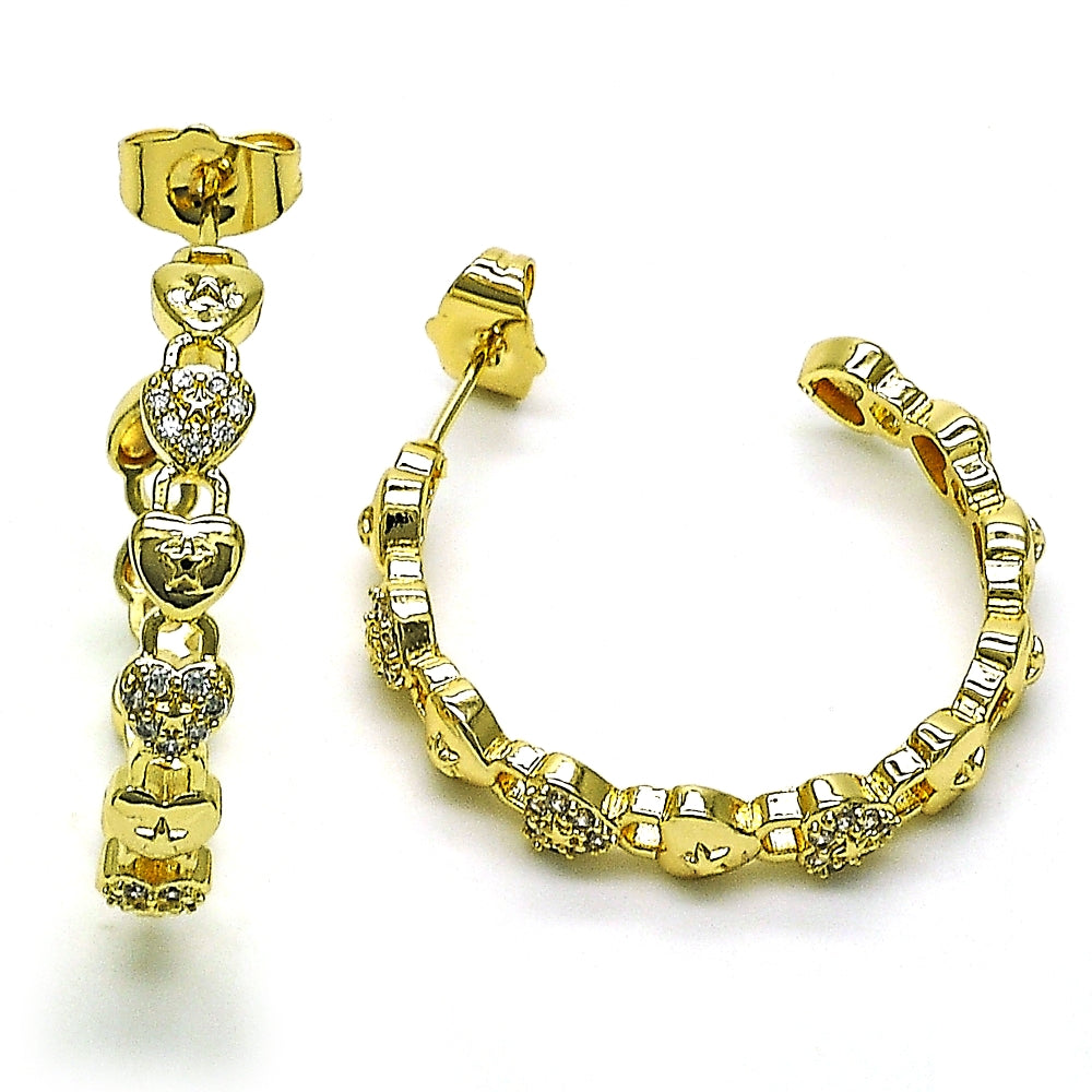 Oro Laminado Medium Hoop, Gold Filled Style Lock and Heart Design, with White Micro Pave, Polished, Golden Finish