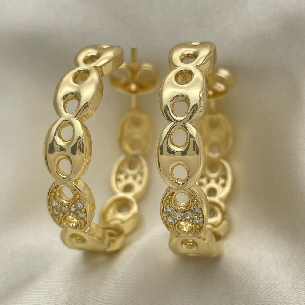 Oro Laminado Medium Hoop, Gold Filled Style Puff Mariner Design, with White Micro Pave, Polished, Golden Finish