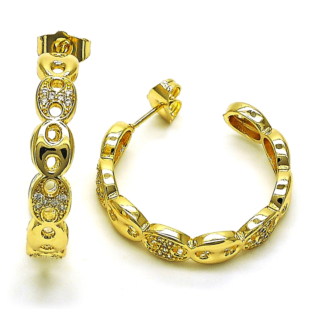 Oro Laminado Medium Hoop, Gold Filled Style Puff Mariner Design, with White Micro Pave, Polished, Golden Finish