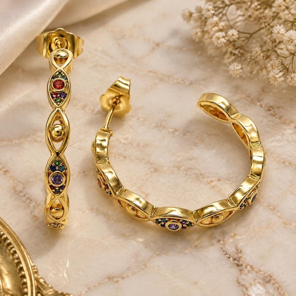 Oro Laminado Medium Hoop, Gold Filled Style Evil Eye Design, with Multicolor Micro Pave, Polished, Golden Finish