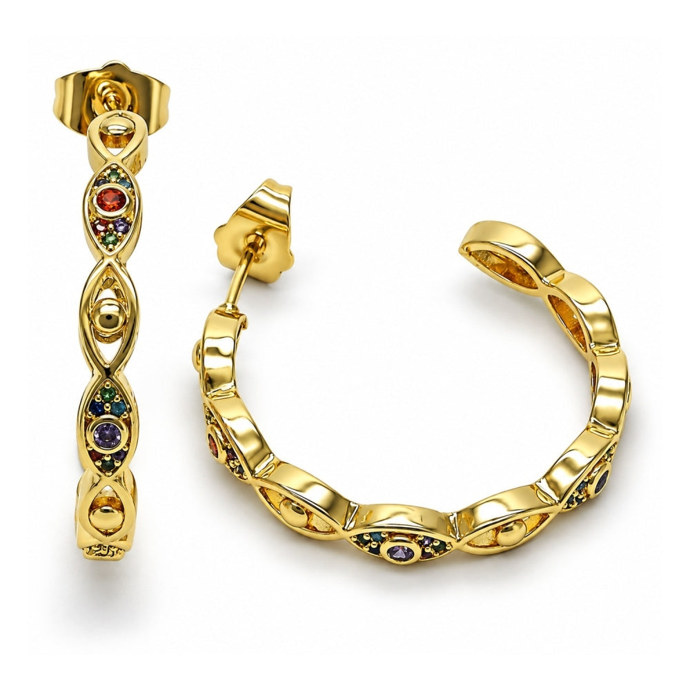 Oro Laminado Medium Hoop, Gold Filled Style Evil Eye Design, with Multicolor Micro Pave, Polished, Golden Finish