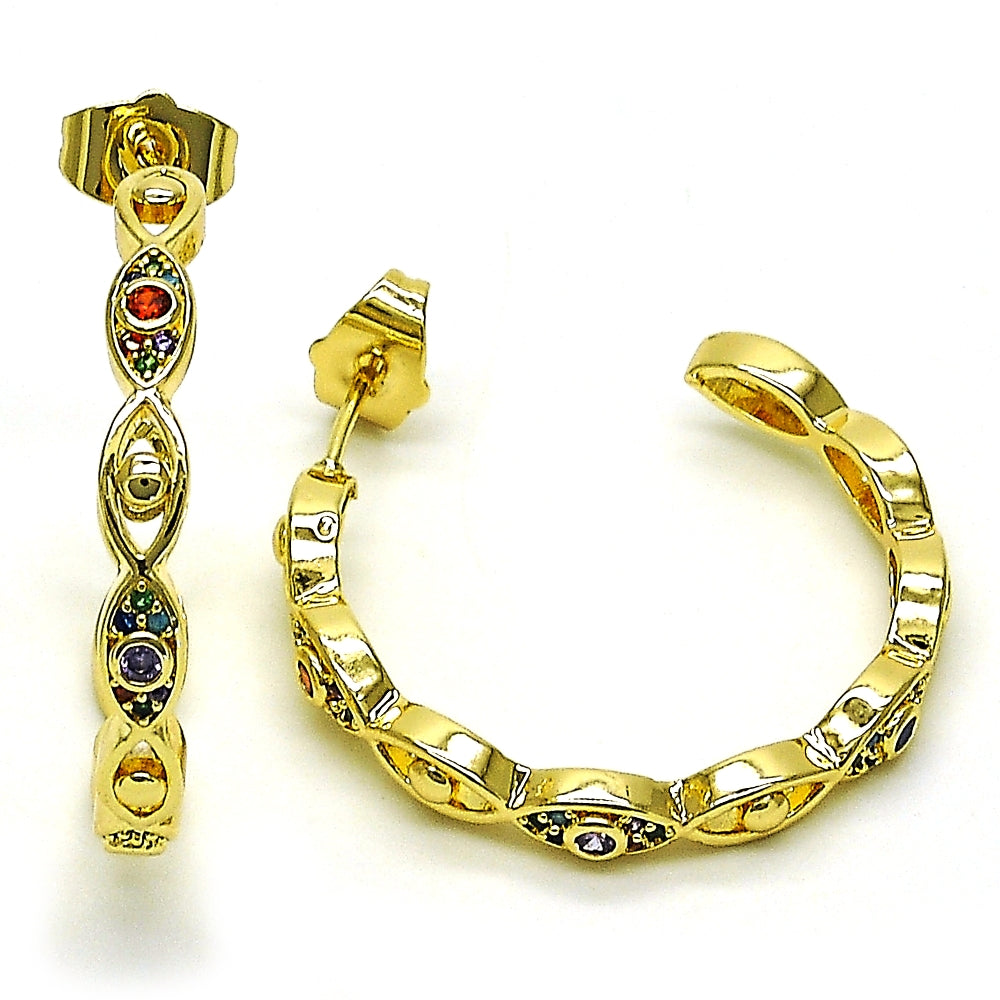 Oro Laminado Medium Hoop, Gold Filled Style Evil Eye Design, with Multicolor Micro Pave, Polished, Golden Finish