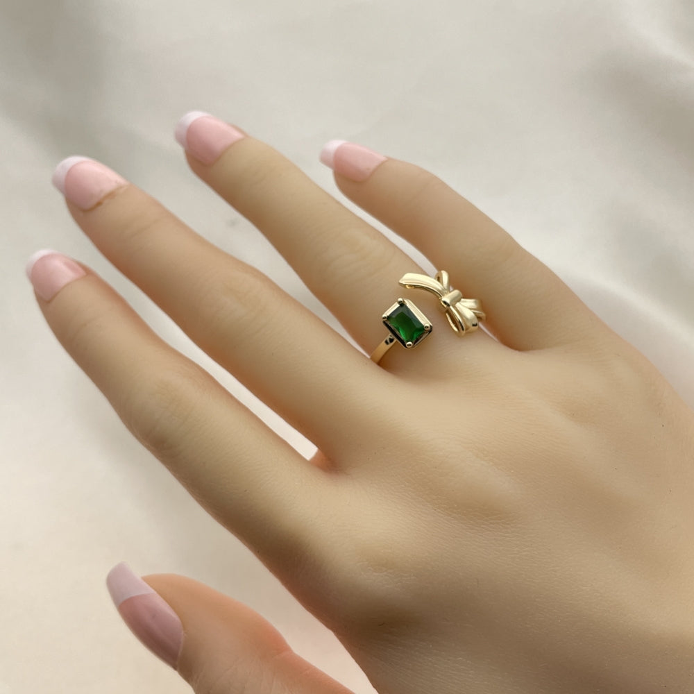 Oro Laminado Multi Stone Ring, Gold Filled Style Bow Design, with Green Cubic Zirconia, Polished, Golden Finish