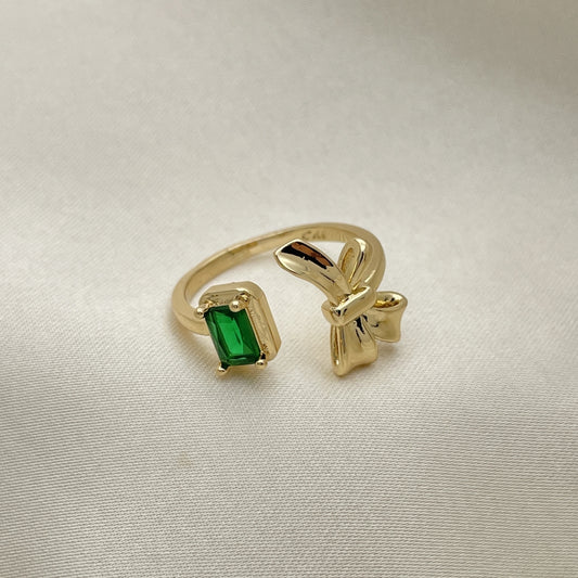 Oro Laminado Multi Stone Ring, Gold Filled Style Bow Design, with Green Cubic Zirconia, Polished, Golden Finish