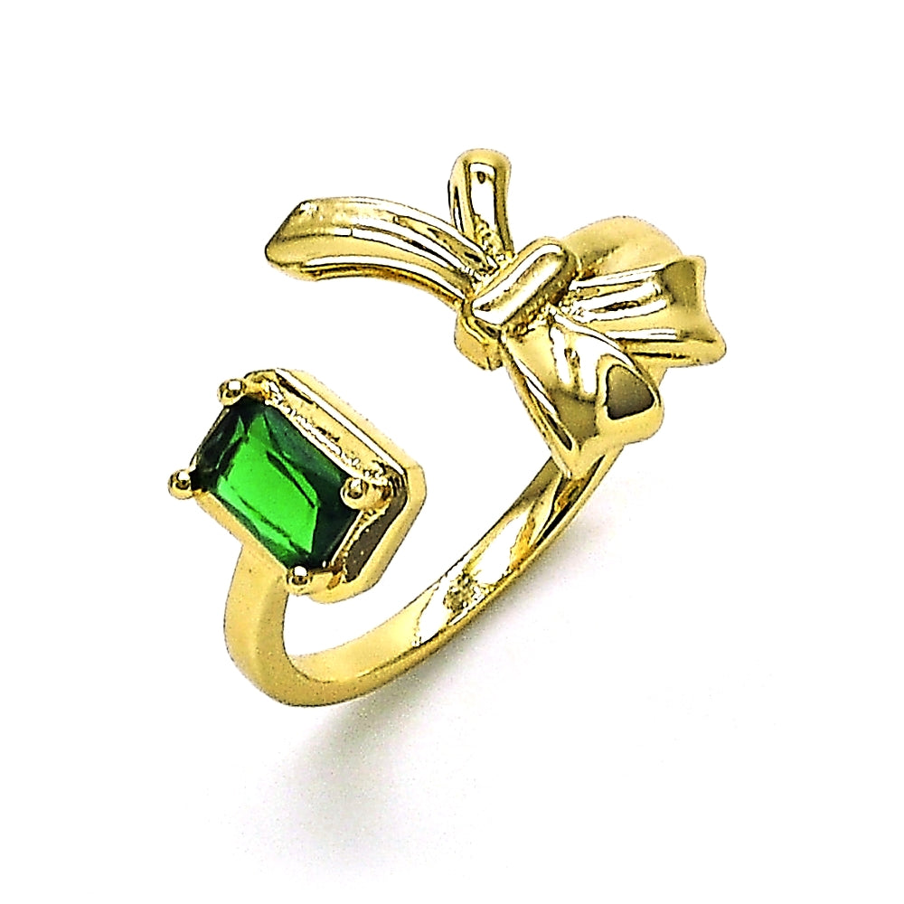 Oro Laminado Multi Stone Ring, Gold Filled Style Bow Design, with Green Cubic Zirconia, Polished, Golden Finish