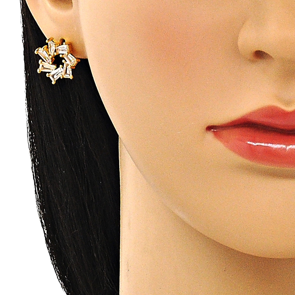 Oro Laminado Stud Earring, Gold Filled Style Baguette Design, with White Cubic Zirconia, Polished, Golden Finish