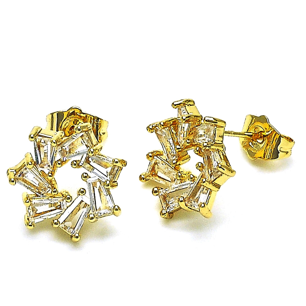 Oro Laminado Stud Earring, Gold Filled Style Baguette Design, with White Cubic Zirconia, Polished, Golden Finish
