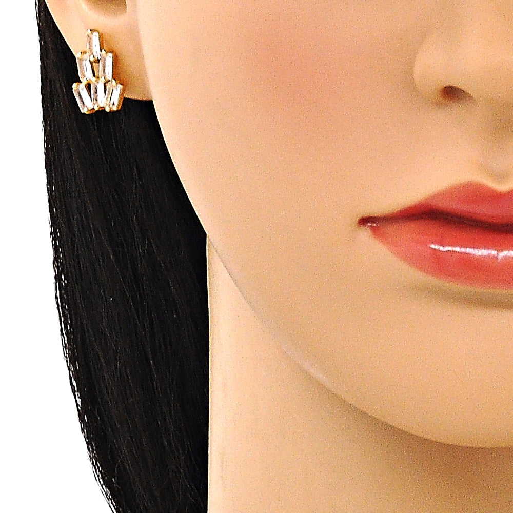 Oro Laminado Stud Earring, Gold Filled Style Baguette Design, with White Cubic Zirconia, Polished, Golden Finish