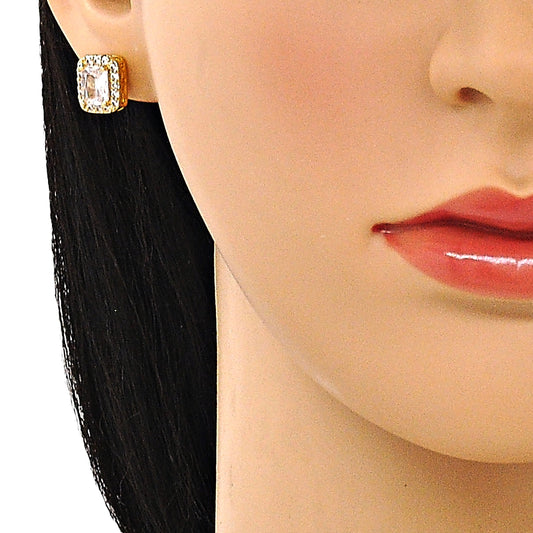 Oro Laminado Stud Earring, Gold Filled Style Cluster and Greek Key Design, with White Cubic Zirconia and White Micro Pave, Polished, Golden Finish