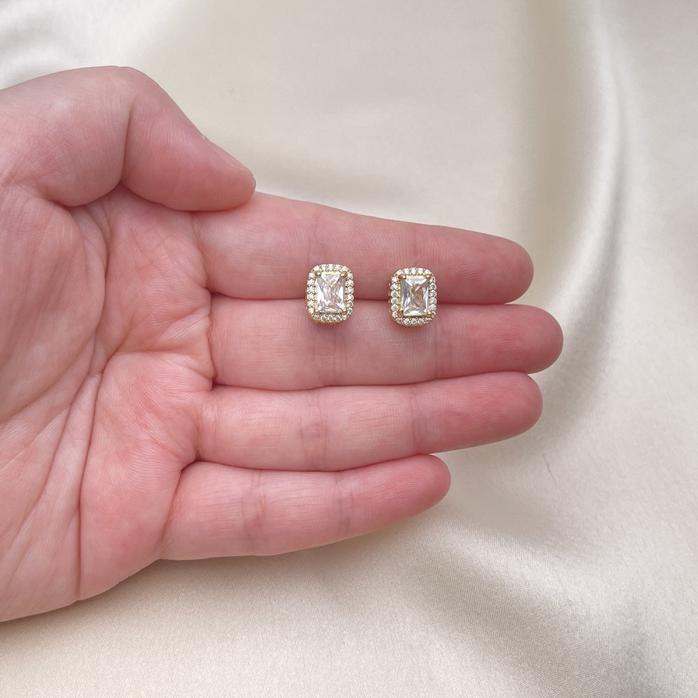 Oro Laminado Stud Earring, Gold Filled Style Cluster and Greek Key Design, with White Cubic Zirconia and White Micro Pave, Polished, Golden Finish