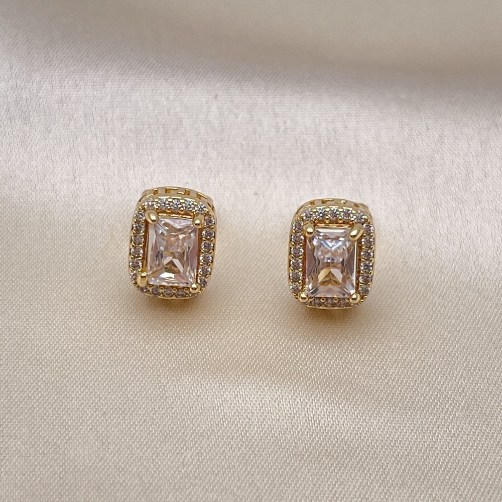 Oro Laminado Stud Earring, Gold Filled Style Cluster and Greek Key Design, with White Cubic Zirconia and White Micro Pave, Polished, Golden Finish