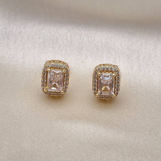 Oro Laminado Stud Earring, Gold Filled Style Cluster and Greek Key Design, with White Cubic Zirconia and White Micro Pave, Polished, Golden Finish