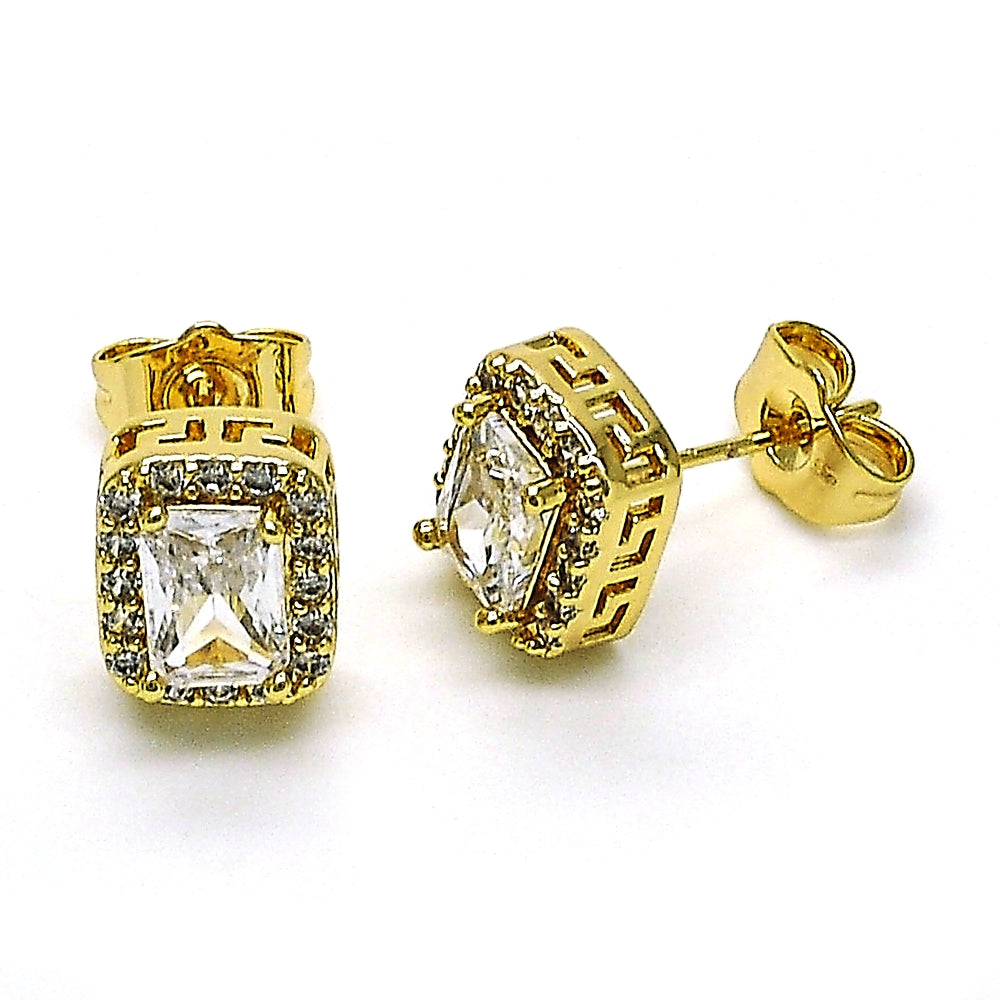 Oro Laminado Stud Earring, Gold Filled Style Cluster and Greek Key Design, with White Cubic Zirconia and White Micro Pave, Polished, Golden Finish