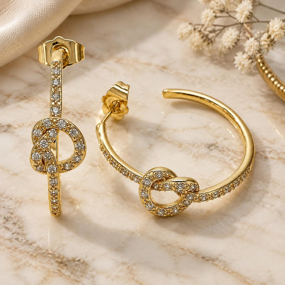 Oro Laminado Medium Hoop, Gold Filled Style Love Knot Design, with White Micro Pave, Polished, Golden Finish