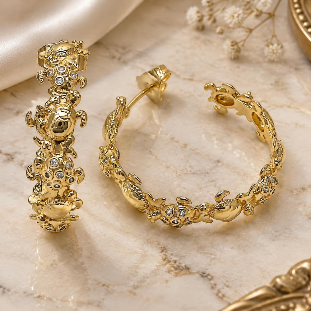 Oro Laminado Medium Hoop, Gold Filled Style Turtle Design, with White Micro Pave, Polished, Golden Finish