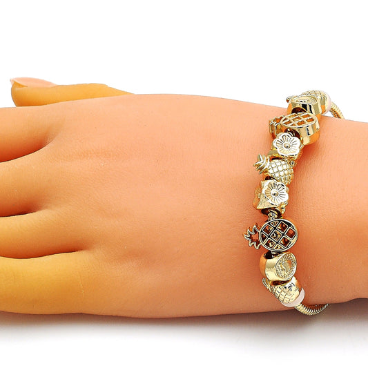 Oro Laminado Fancy Bracelet, Gold Filled Style Pineapple and Flower Design, Polished, Golden Finish