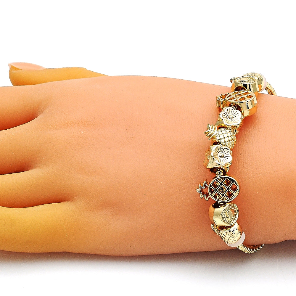 Oro Laminado Fancy Bracelet, Gold Filled Style Pineapple and Flower Design, Polished, Golden Finish
